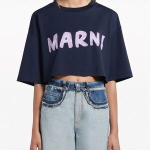Marni Dark Blue Crop Top with Light Pink Logo
